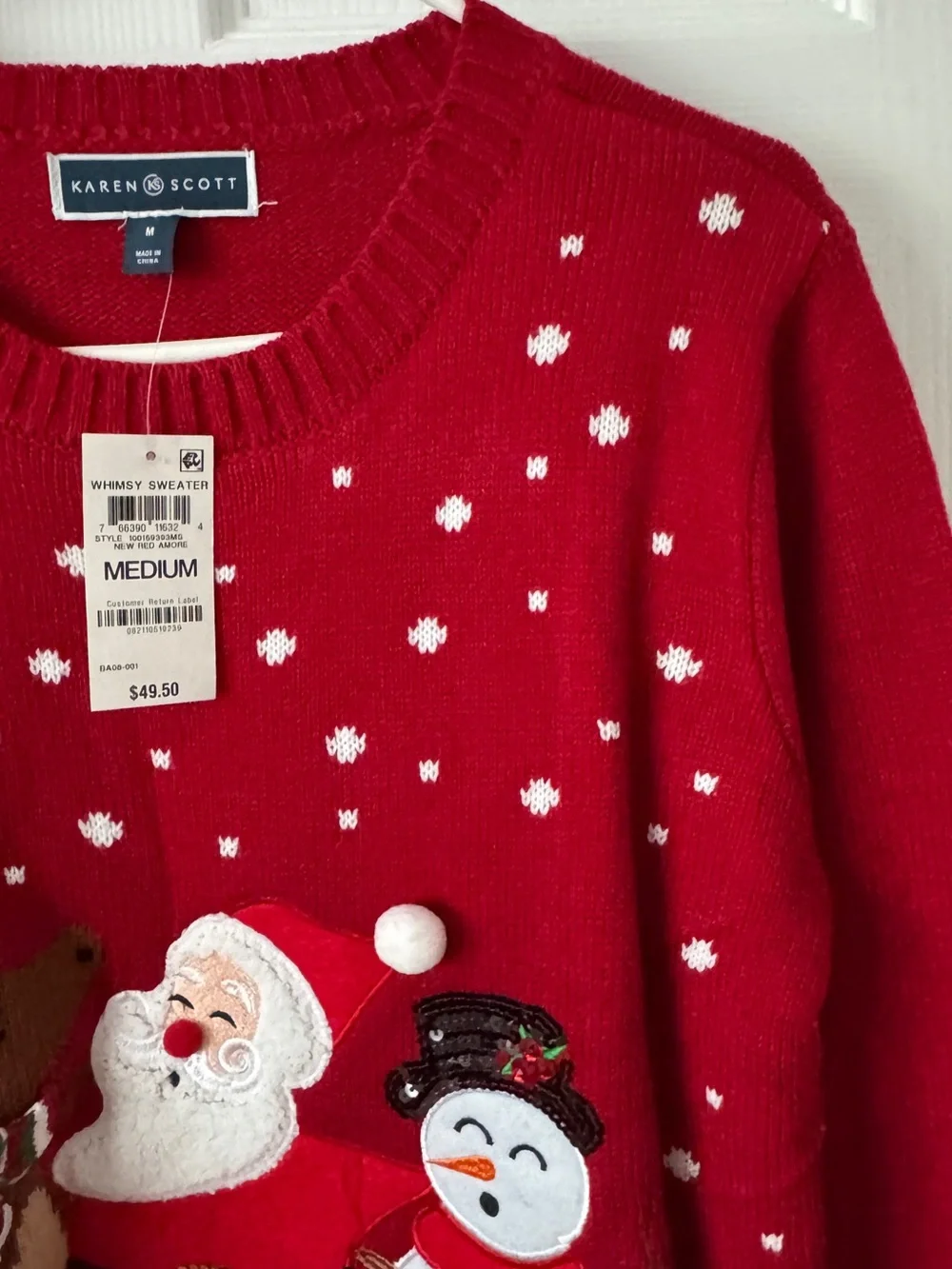 Karen Scott Red Crewneck Holiday Sweater with Santa, Snowman & Reindeer